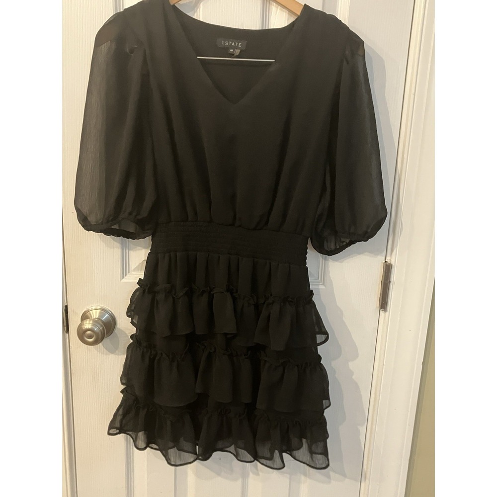1.State Women's Tiered Black Ruffled  Smocked Waist M Black Puffed Sleeve Dress